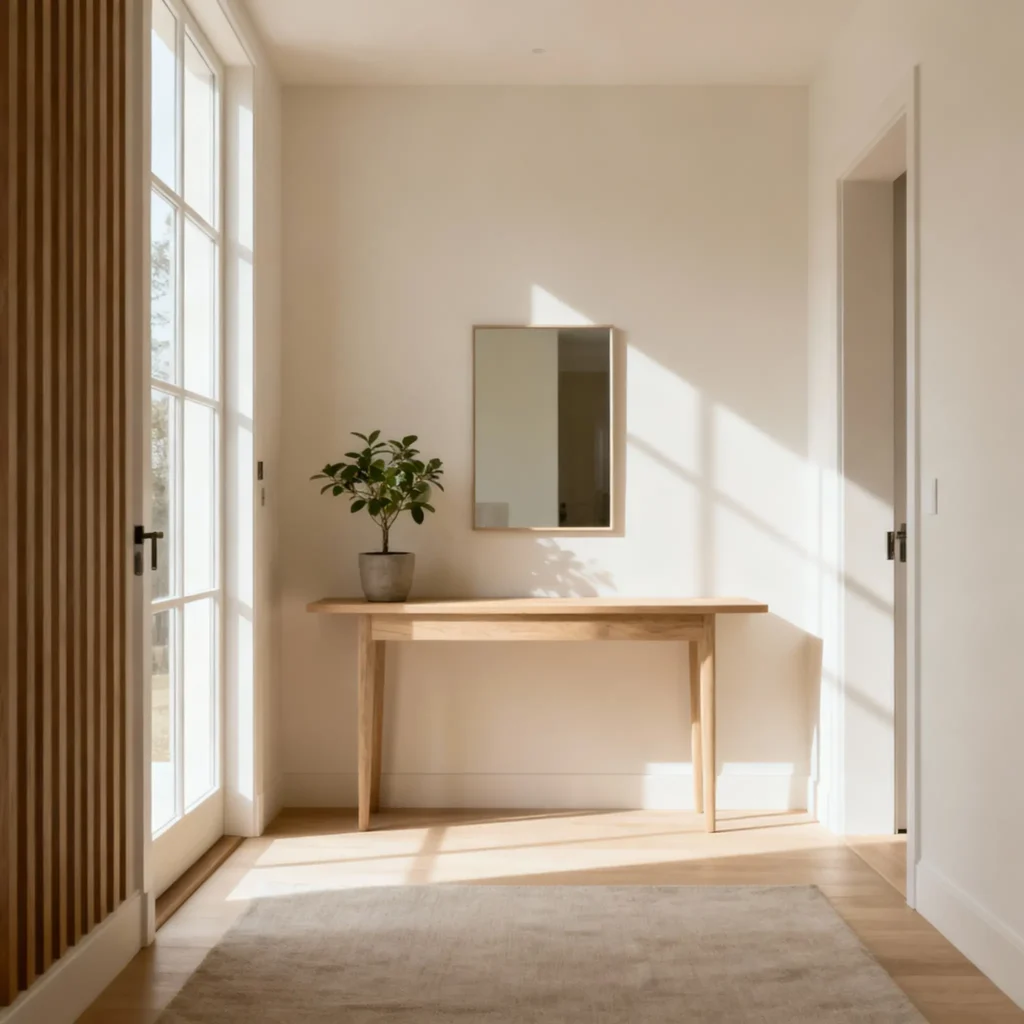 recibidor de pasillo amplio, colores neutros, mesa consola de madera con espejo arriba y alfombra en la entrada