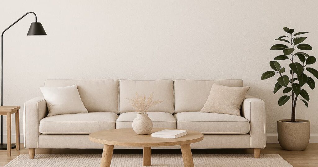 sala minimalista con sofá, mesa de centro y lámpara