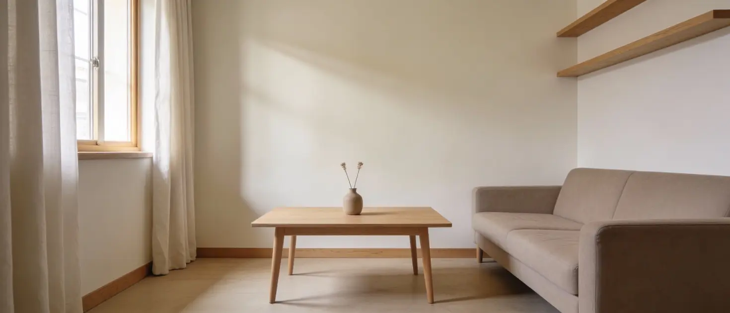 Mesa de centro de madera, cuadrada, baja y minimalista en sala de estar