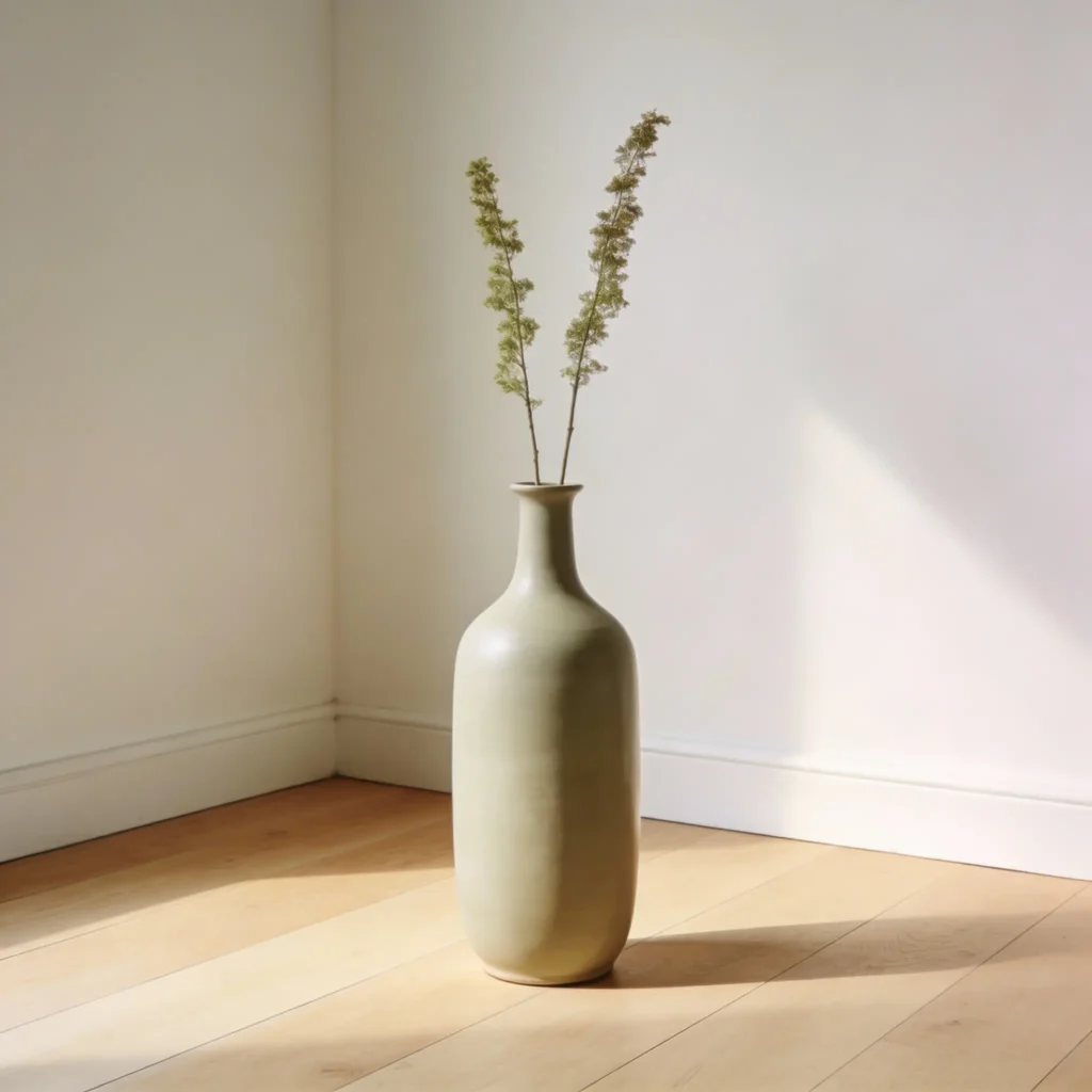 jarrones minimalistas. Idea con dos ramas, colocado en una esquina de la sala con entrada de luz y paleta neutra