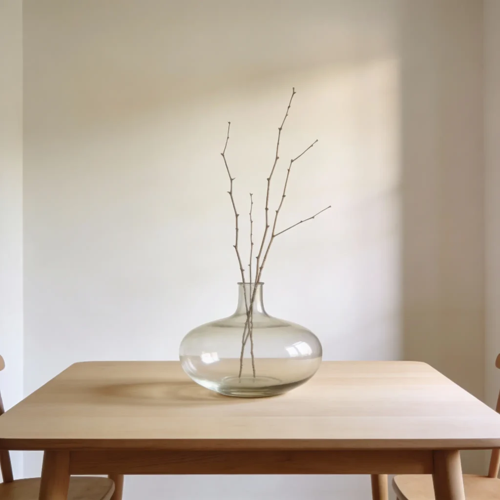 jarrón minimalista cristal transparente con algunas ramas decorativas de centro de mesa de comedor