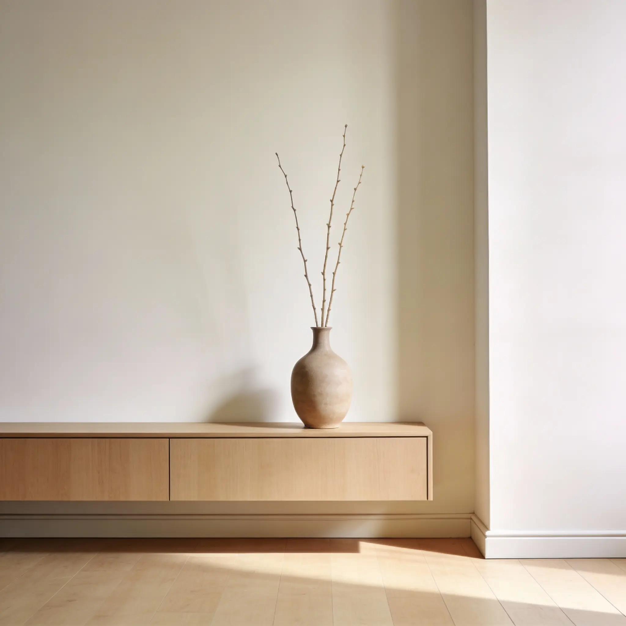 jarrón minimalista sobre mesa consola baja, con pocas ramas