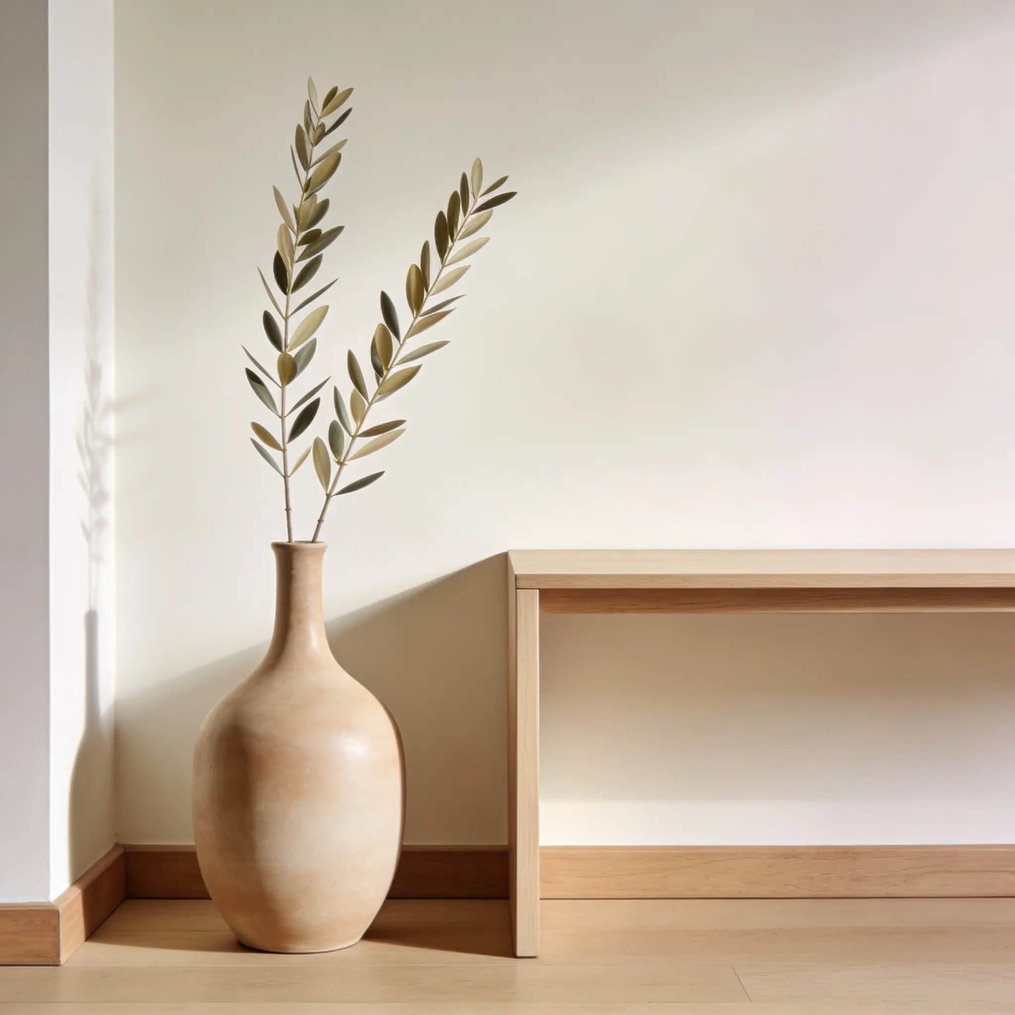 jarrón minimalista grande para entrada o recibidor acomodado en una esquina con dos ramas al lado de una mesa