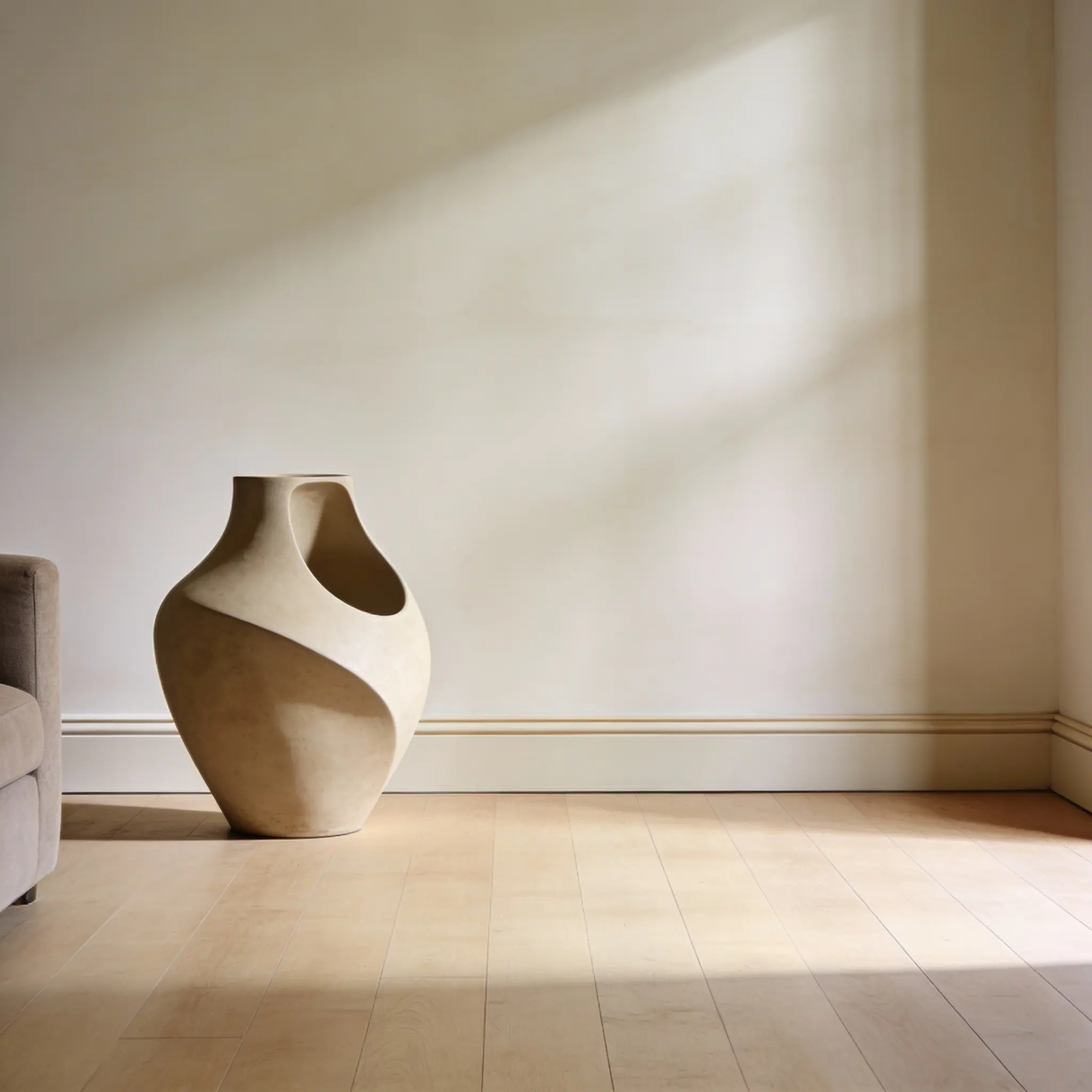 jarrón minimalista grande  sobre el suelo, en una esquina de la sala