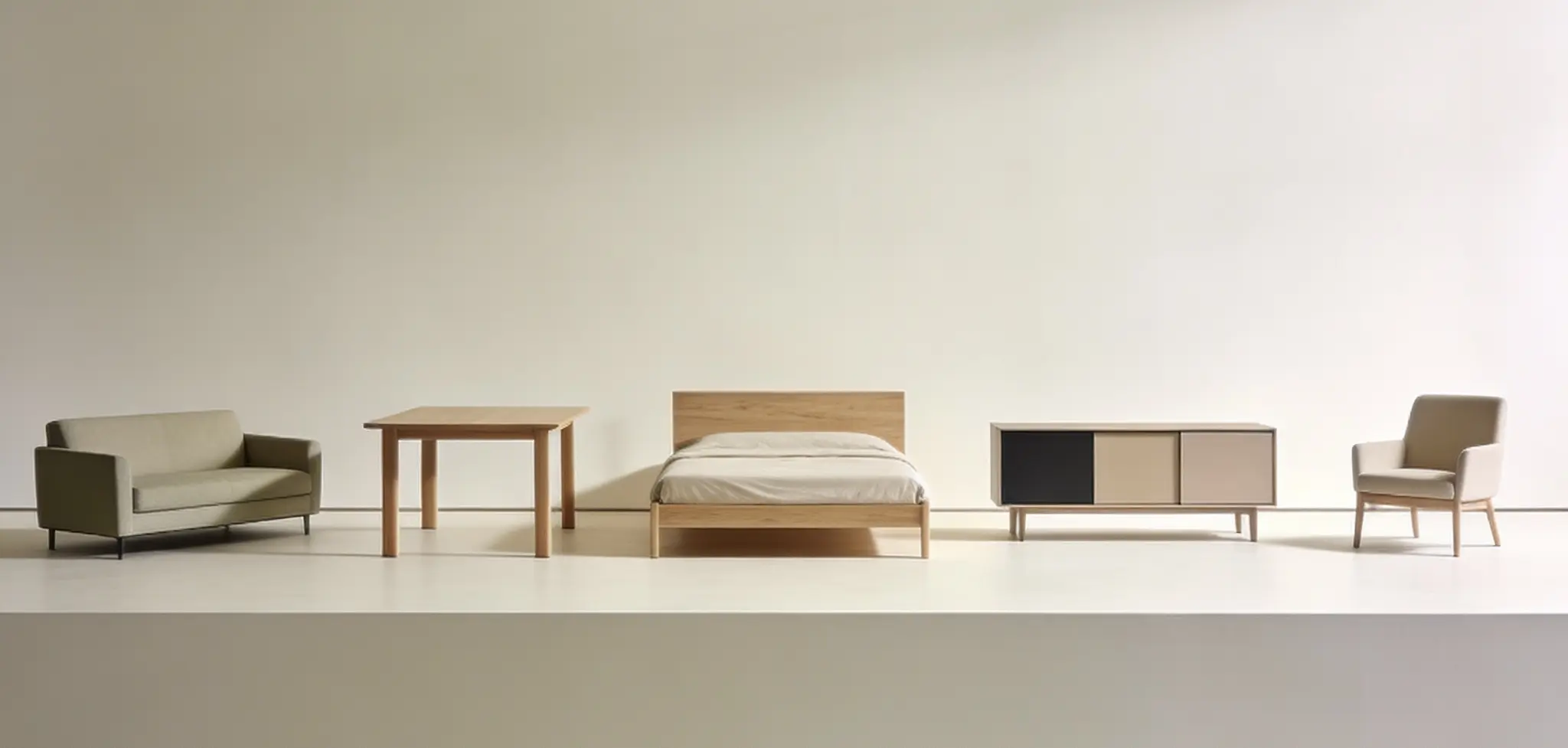 muebles minimalistas por estancia en tonos beige y madera clara (sala, comedor, dormitorio y oficina)