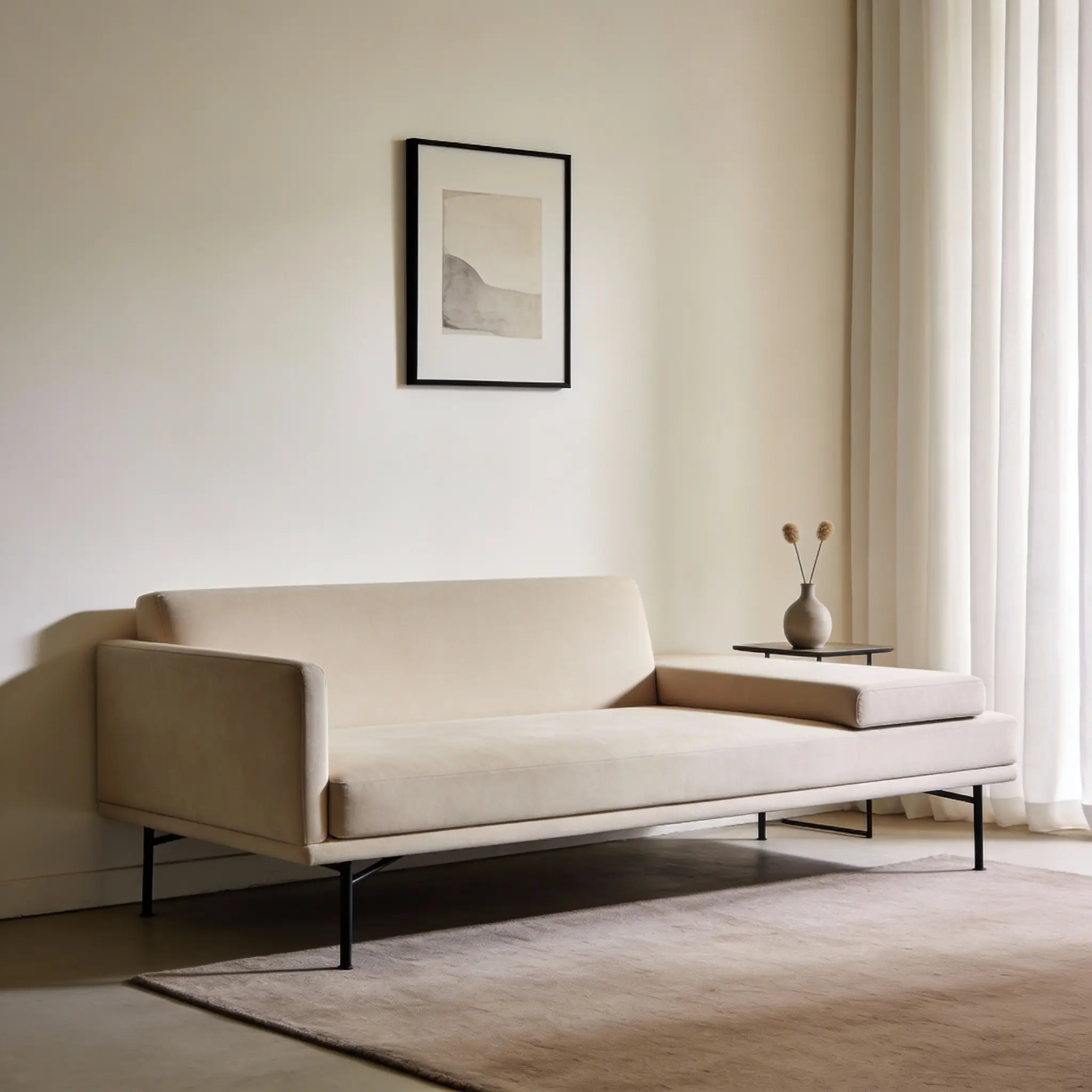 sofá minimalista beige tipo diván con patas negras finas sobre alfombra en sala despejada con cuadro y cortinas claras