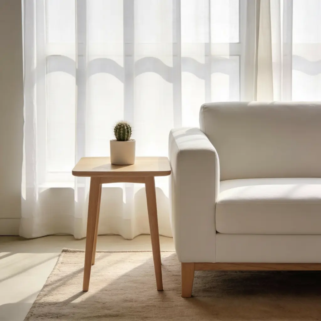 sofá minimalista blanco en sala tipo nórdica pequeña, cortinas dentras y mesa auxiliar con planta