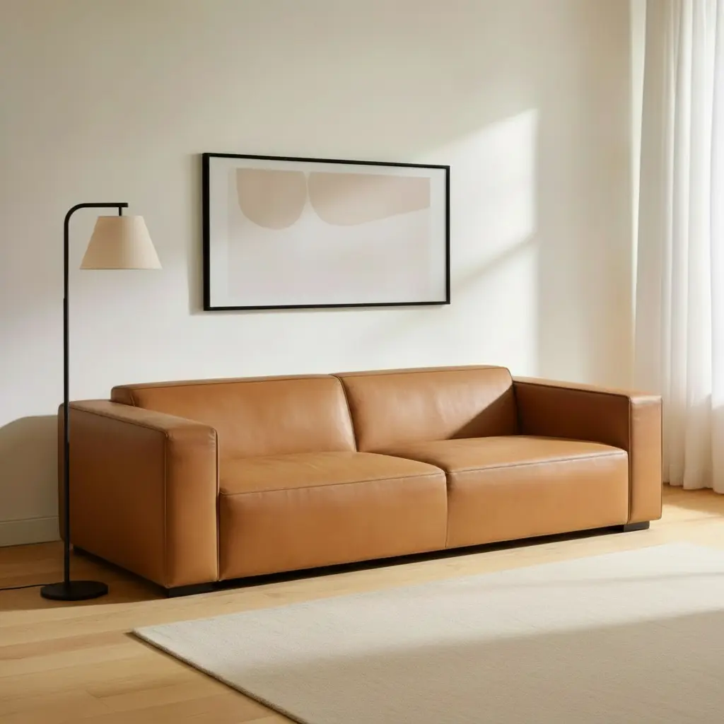 sofá minimalista de cuero color miel con lámpara de pie y cuadro abstracto detrás