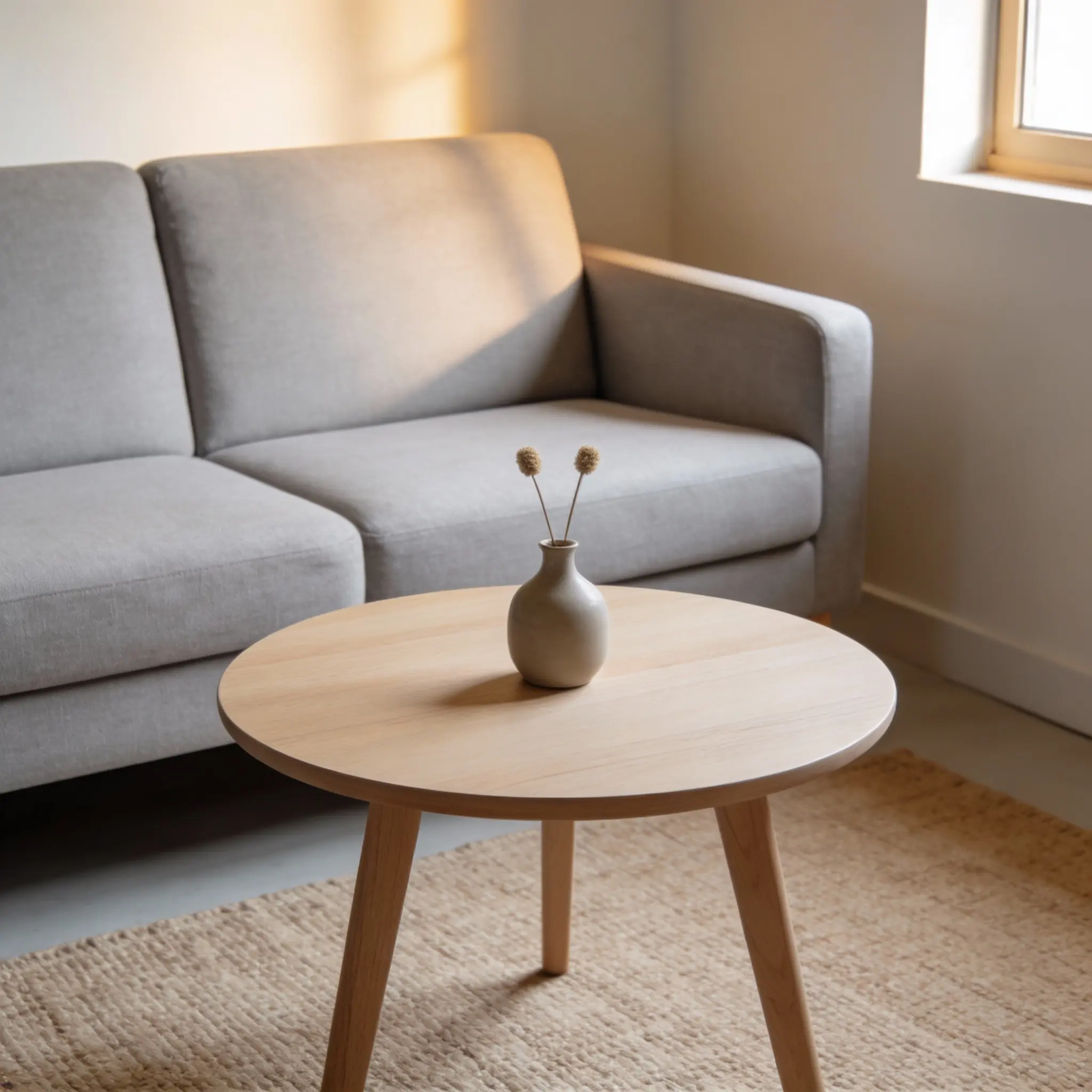 sofá minimalista de dos plazas para espacio reducido junto a la pared por un lado y mesa de centro redonda delante