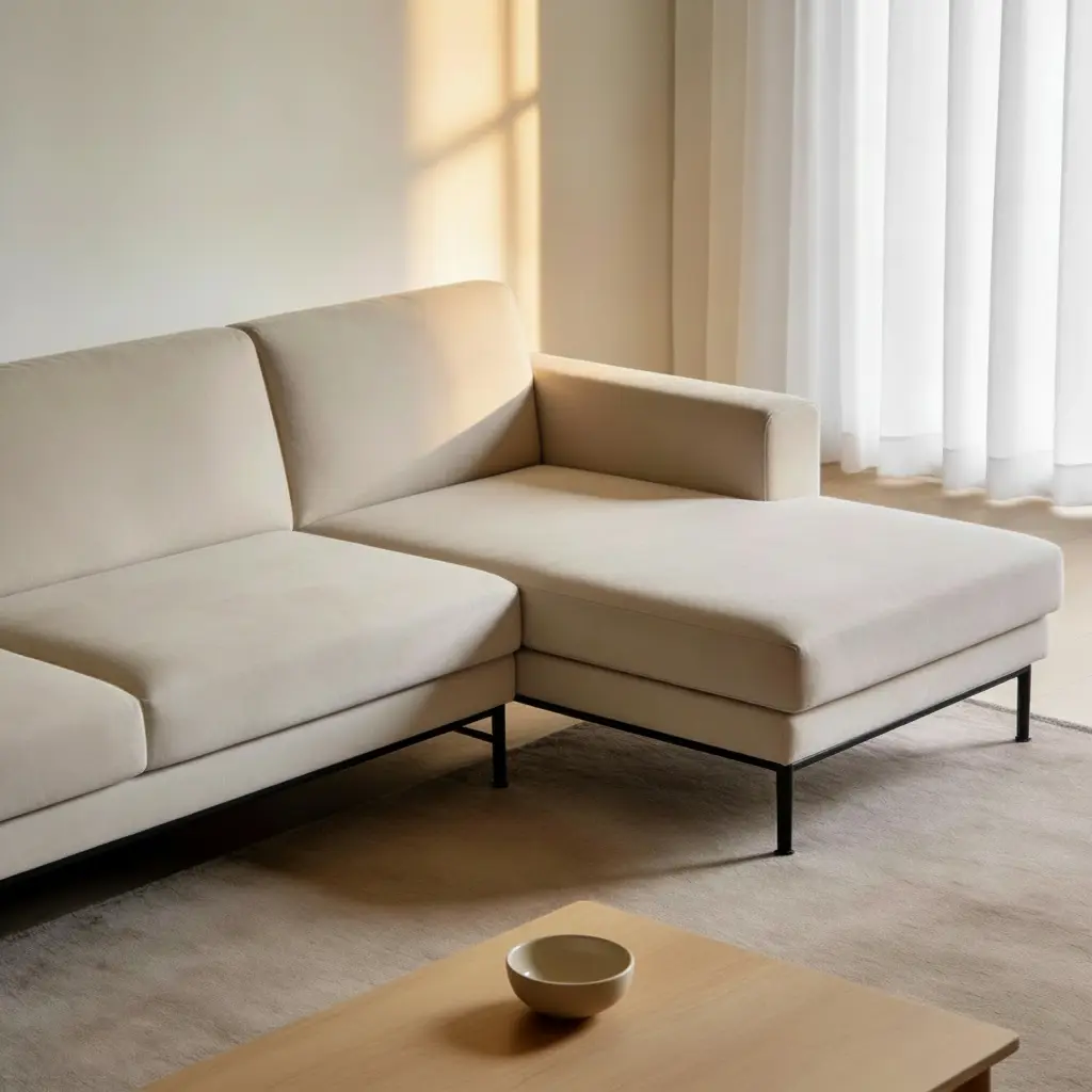 sofá minimalista en L tipo chaise longue beige con patas negras y mesa de centro baja en una sala moderna y despejada