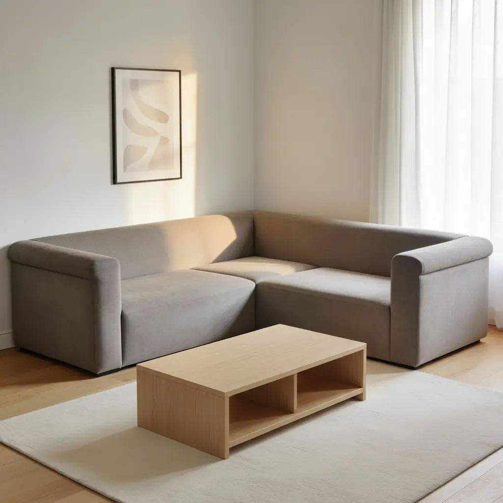 sofá minimalista esquinero gris perla con brazos redondeados y mesa de centro de madera sobre alfombra neutra