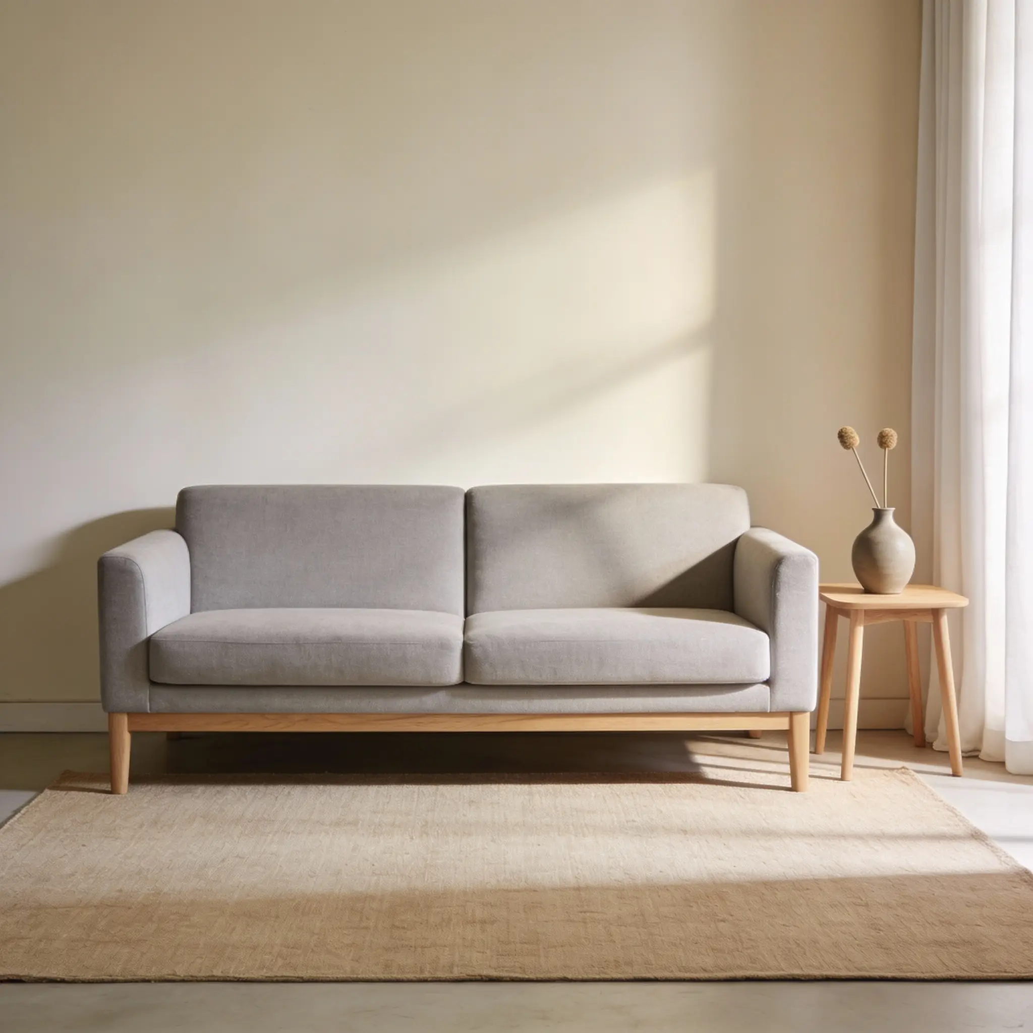 sofá minimalista pequeño de dos plazas girs claro con mesa auxiliar redonda para espacio reducido