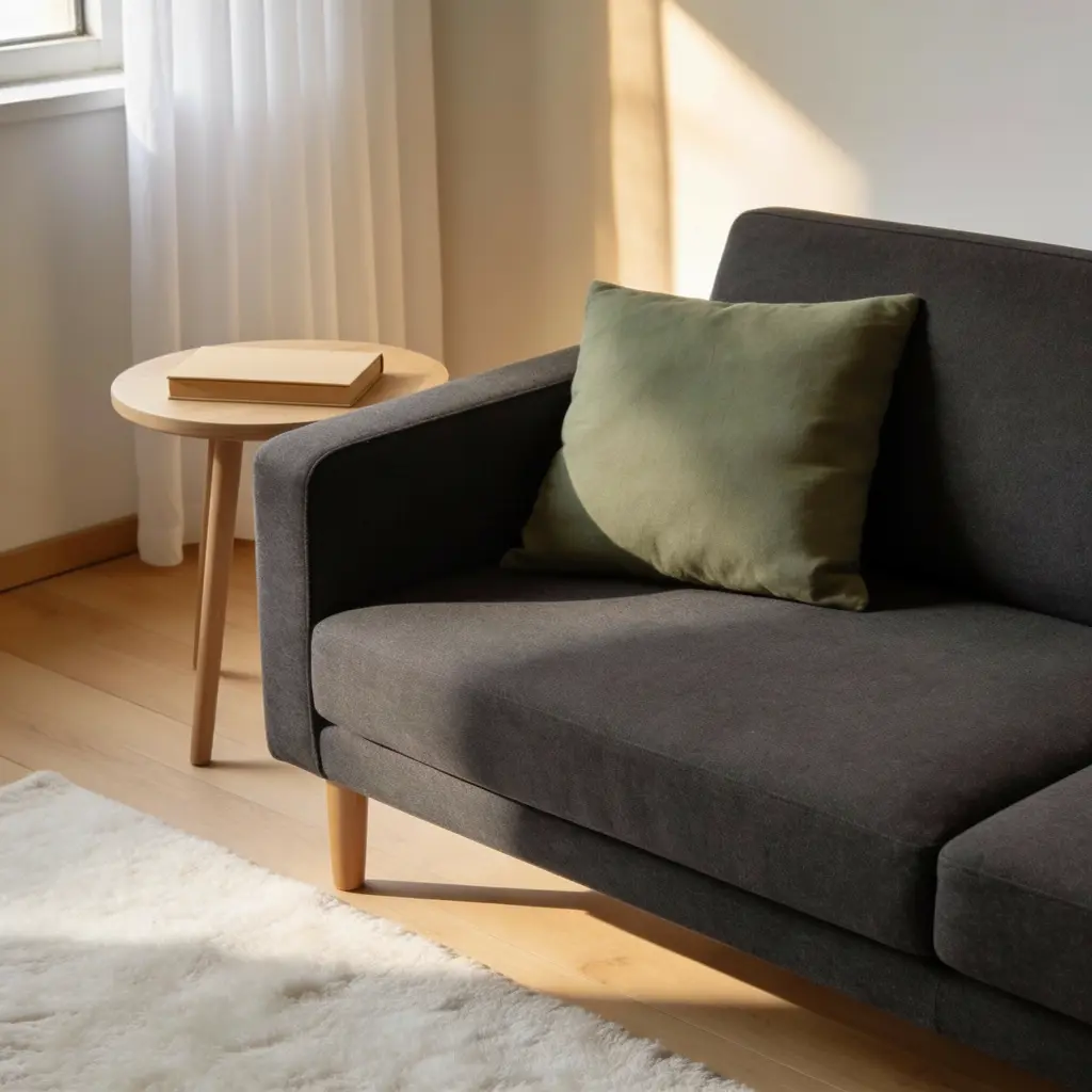 sofá minimalista tono carbón medio con cojín verde como contraste el resto del entorno calmado y claro para mantener minimalismo