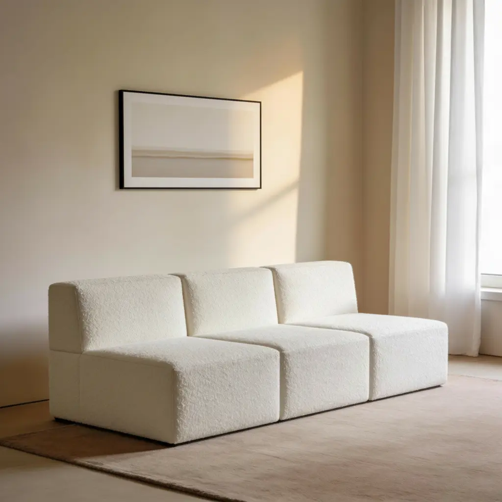 sofá minimalista modular blanco de tres piezas con textura bouclé sobre alfombra beige a la medida adecuada para la sala