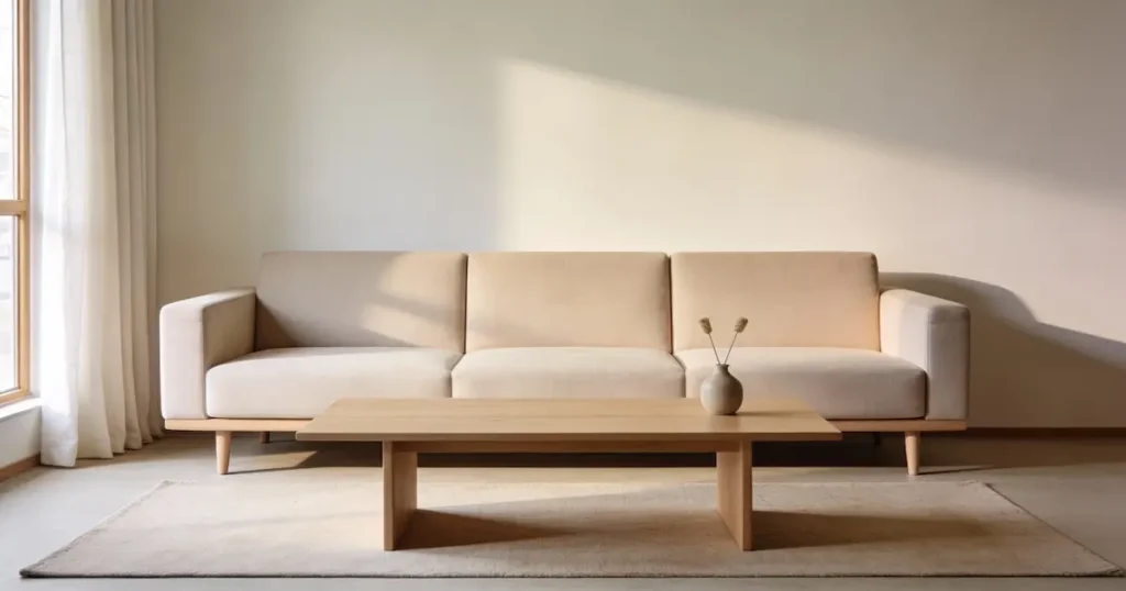 sofá minimalista beige con patas visibles para sala